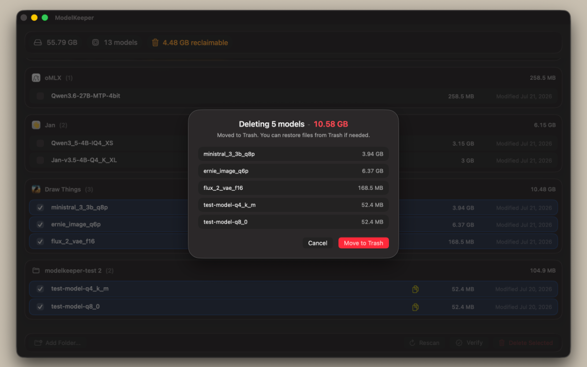 Delete confirmation showing itemized models and total size