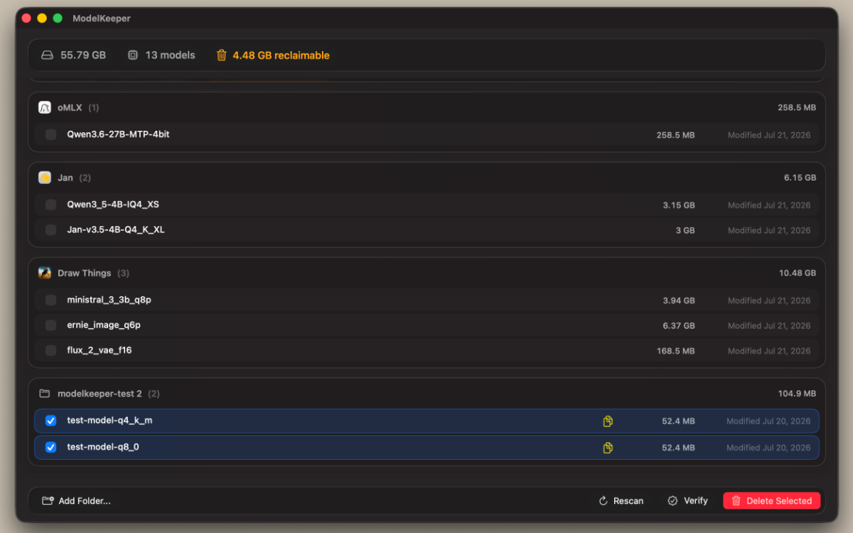 Duplicate models flagged with the Verify button available