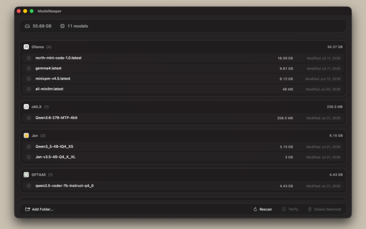 ModelKeeper main window showing grouped sources with sizes