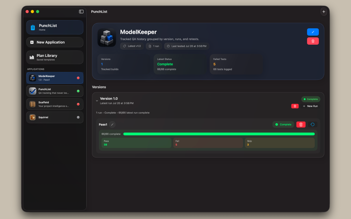 App Detail page with version groups expanded, showing run history