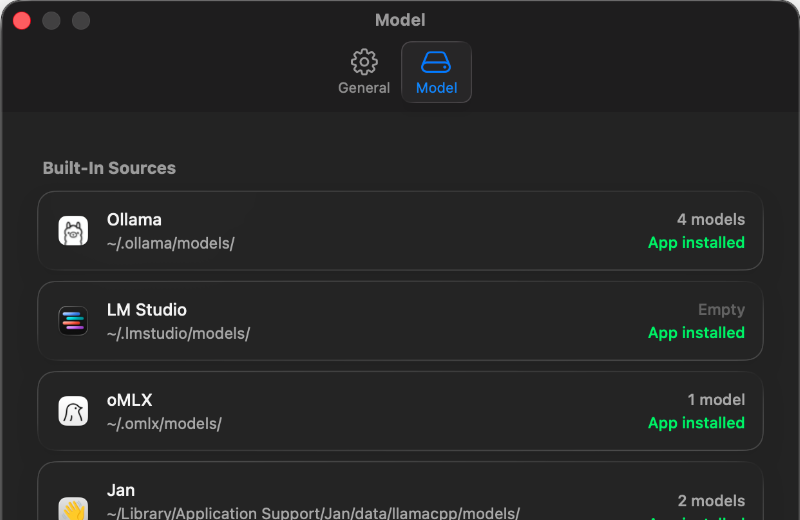 ModelKeeper preferences showing scan source settings